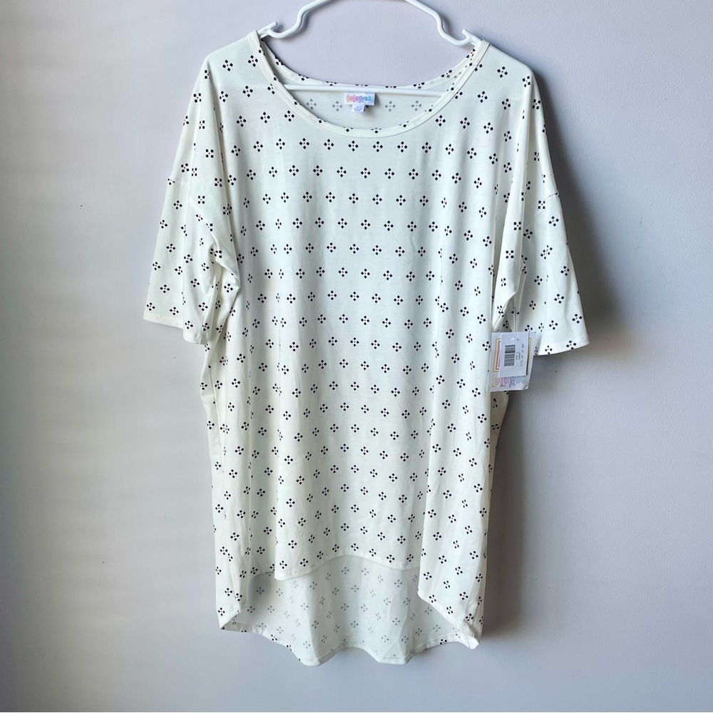 LulaRoe Irma White & Blue Top with High Low Hem ~ Size Large